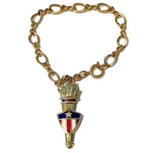 Vintage gold patriotic torch and shield chain link charm bracelet